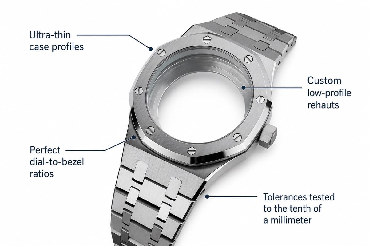 Annotated diagram of a Nomods watch case