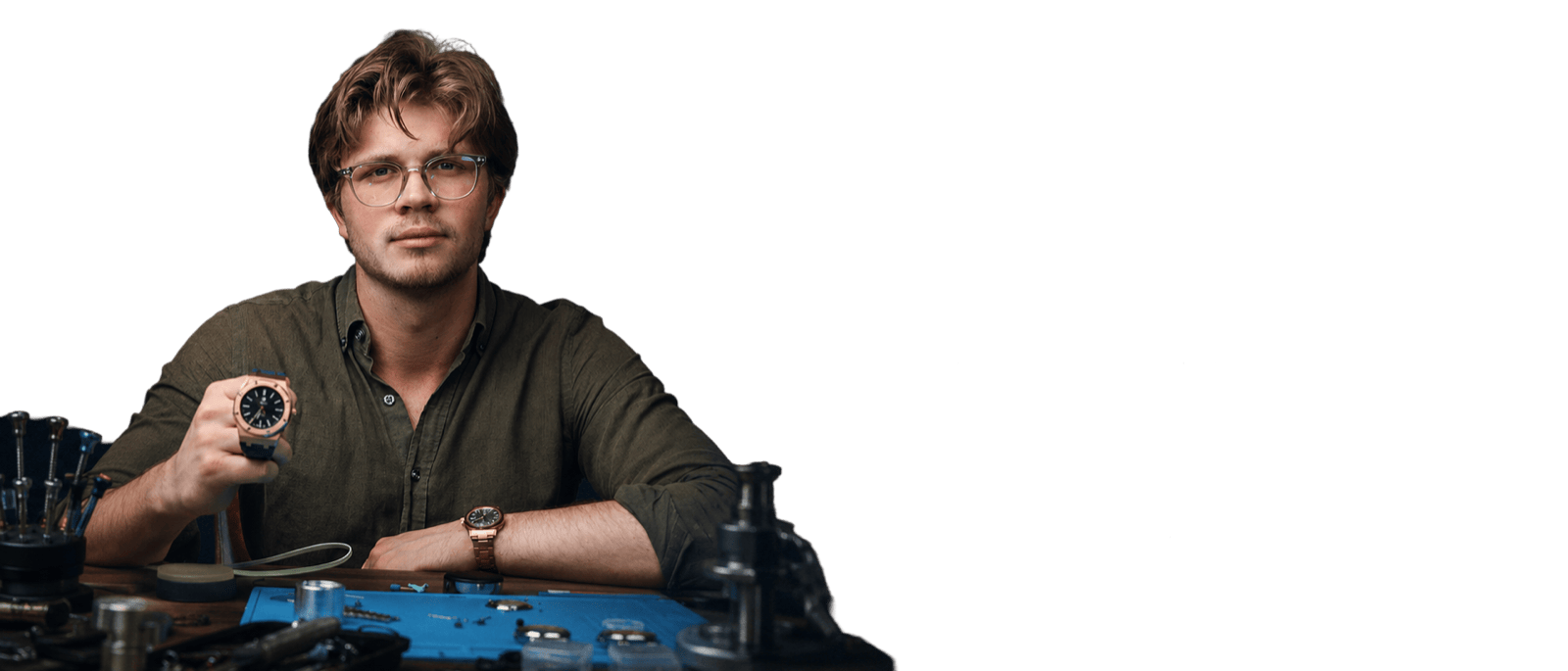 Mathias, founder of Nomods, at his watchmaking bench