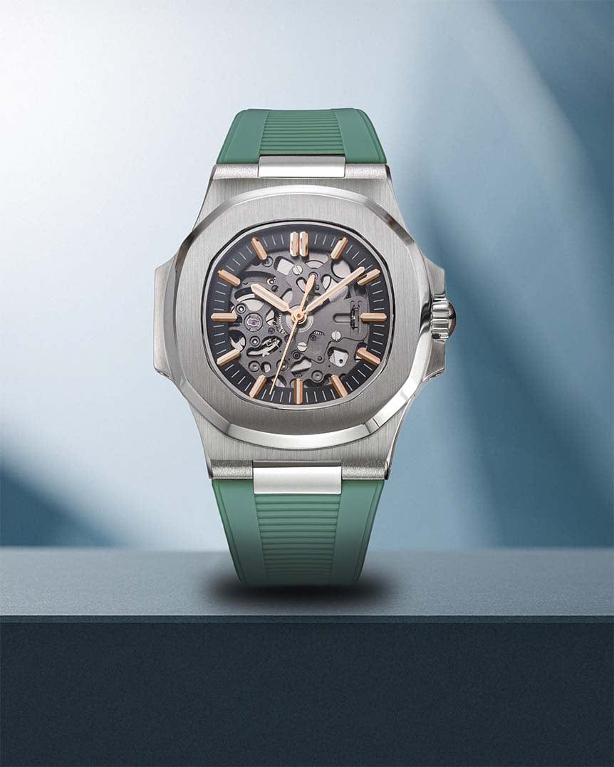 Nomods Aquanaut-Inspired Seiko Mod – Rosegold Accents on Silver Case with Green Strap