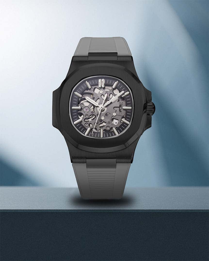 Nomods Custom Seiko Nautilus Build – Skeleton NH72 Build in Black PVD, Gray Strap