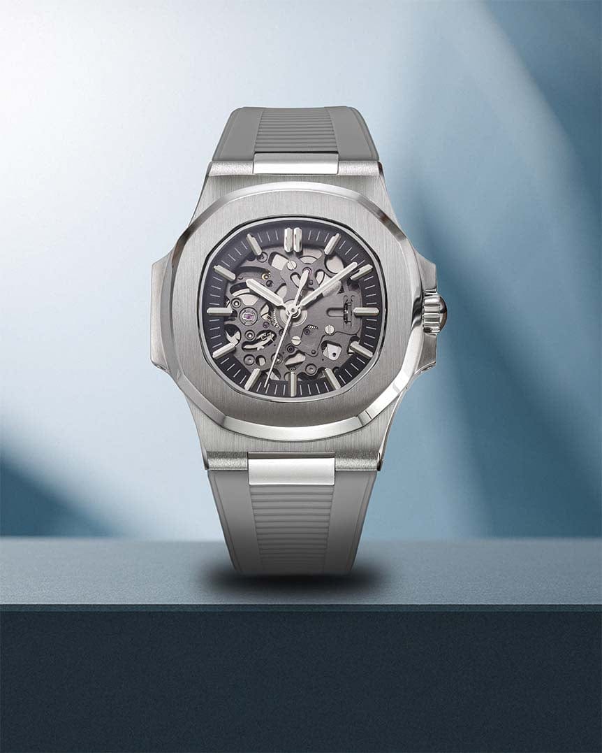 Nomods Custom Seiko Nautilus Build – Skeleton NH72 Build in Silver, Gray Strap