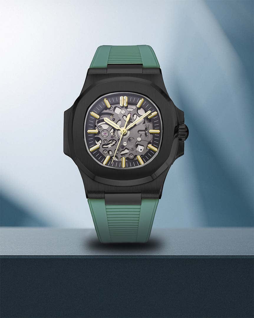 Nomods Seiko Aquanaut Style Watch – Gold Accents on Black PVD Case with Green Strap