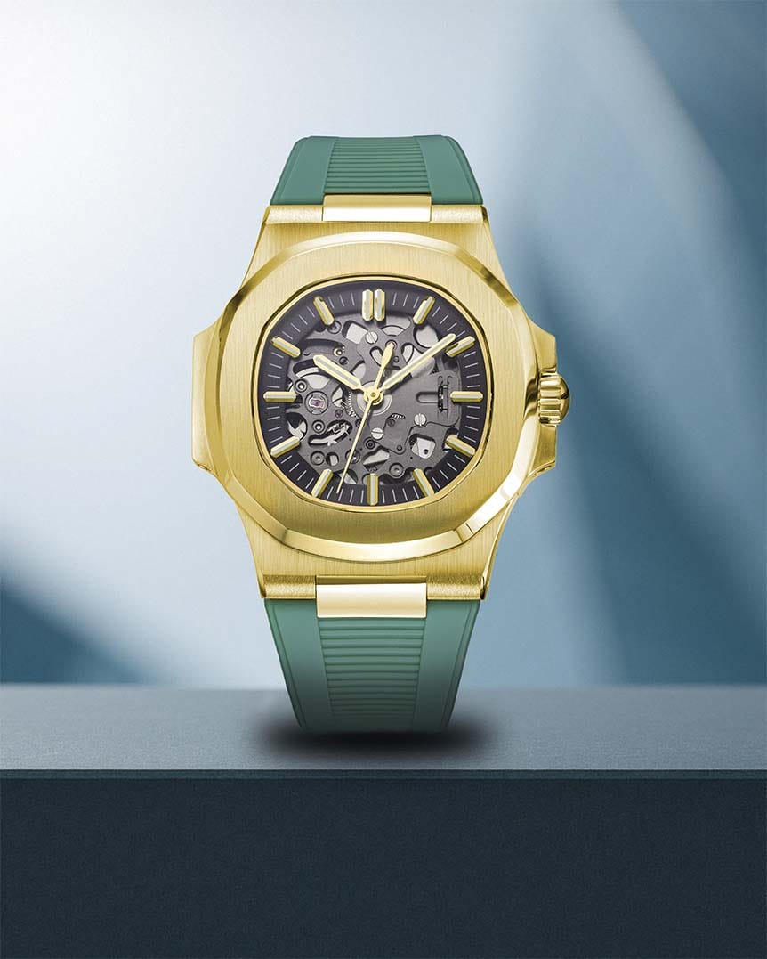 Nomods Seiko Aquanaut Style Watch – Gold Accents on Gold Case with Green Strap