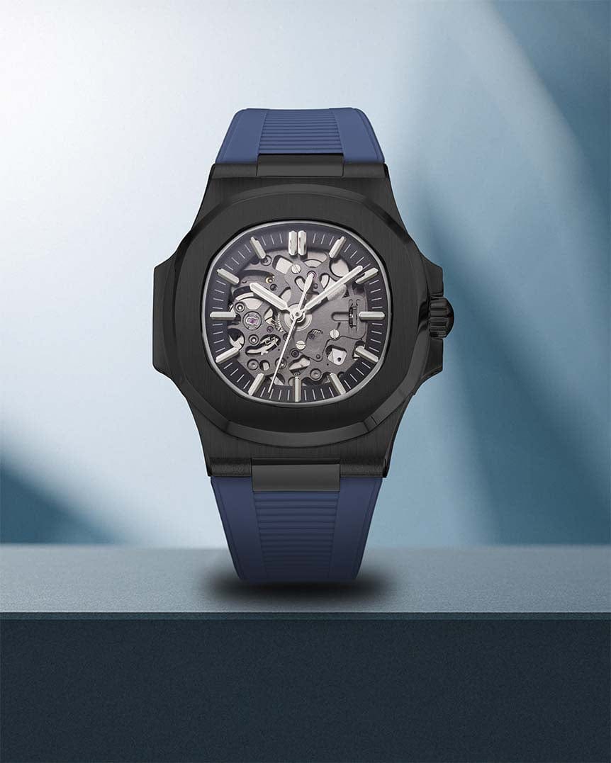 Nomods Seiko Aquanaut Style Watch with Black PVD Finish and Blue Rubber Strap