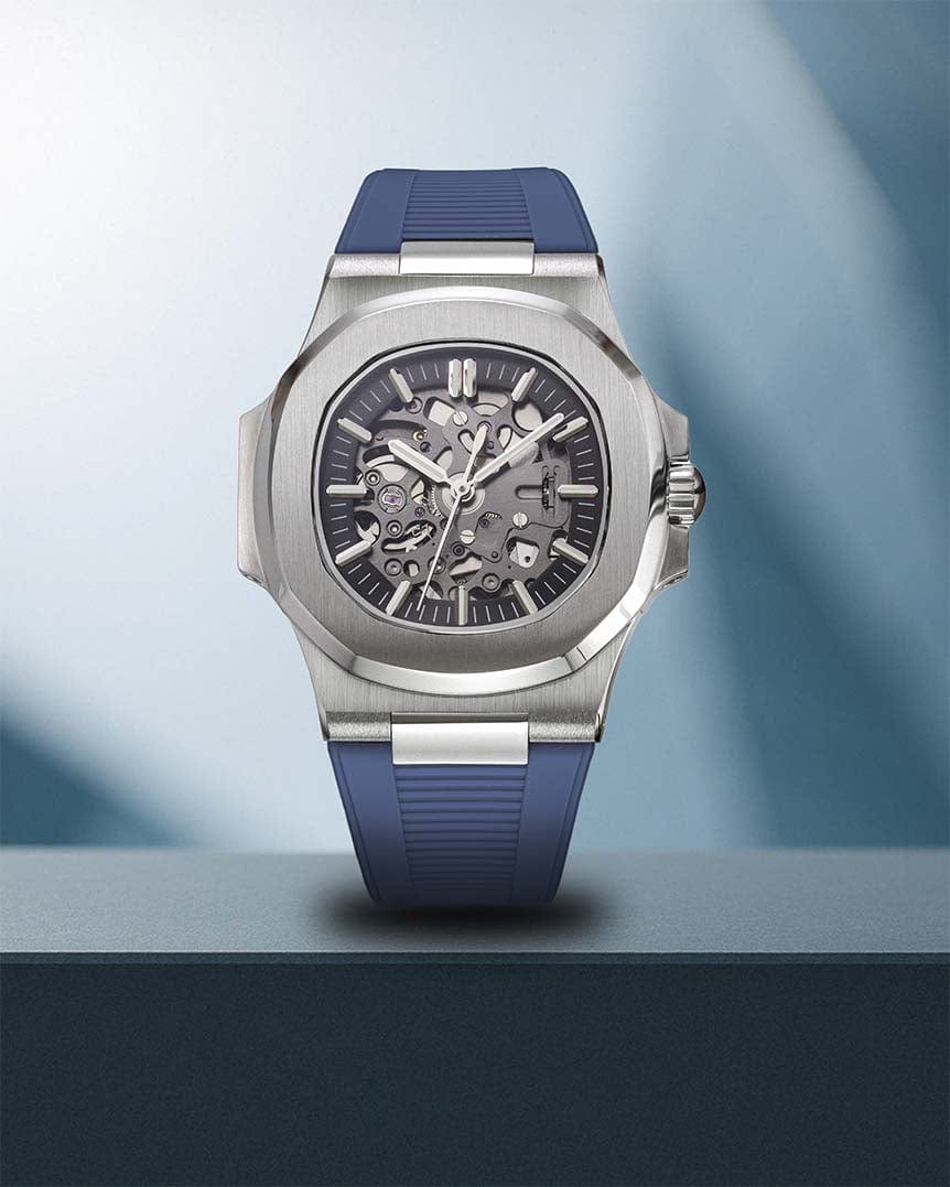 Nomods Seiko Aquanaut Style Watch with Silver Finish and Blue Rubber Strap