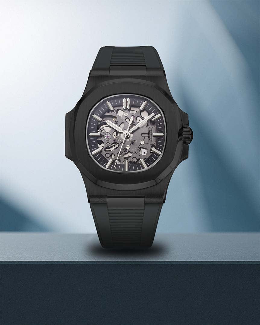 Nomods Seiko Nautilus Skeleton Watch – Black PVD Case, Silver Dial, Black Strap